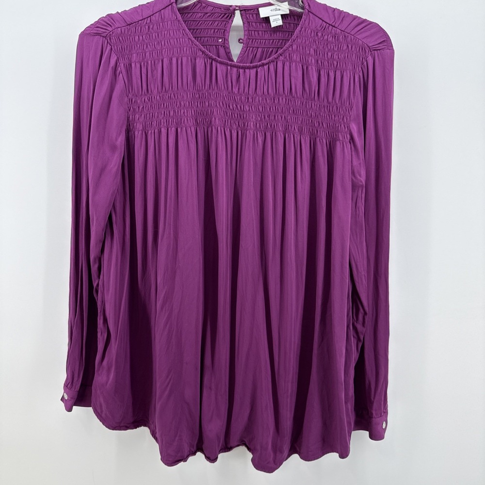J.Jill Smocked Blouse Plum Top Size Small Peasant boho Viscose Long Sleeve